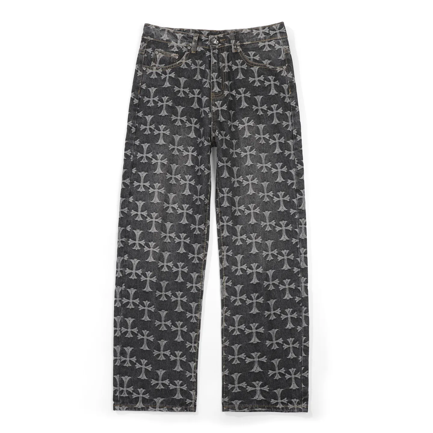 P220 [Black] Chrome Hearts｜Chrome Hearts CH all-over jacquard bootcut jeans - the same style as those of Internet celebrities. Cross-printed jeans, with unique cross design elements and all-over printing, full of design. It is made of 100% denim cotton fabric with heavy coarse yarn count, which ensures a stiff and tough silhouette while being soft, comfortable and breathable. The lapel is designed with silver buttons and is full of texture.  The classic dark yellow cross logo is all over the pants. They are generous and full of personality without being exaggerated. They are perfect for spring and summer!    Custom hardware! Same style for couples!  The three standards are complete, and the non-market version of the same style for men and women is free to compare and the quality is absolutely guaranteed. Size: 28/30/32/34/36 (s-xxl) Waist: 72/77/82/87/92 Knee: 55/56.5/58/59.5/61 Pants length: 103.5/110.5/107.5/109.5/111.5